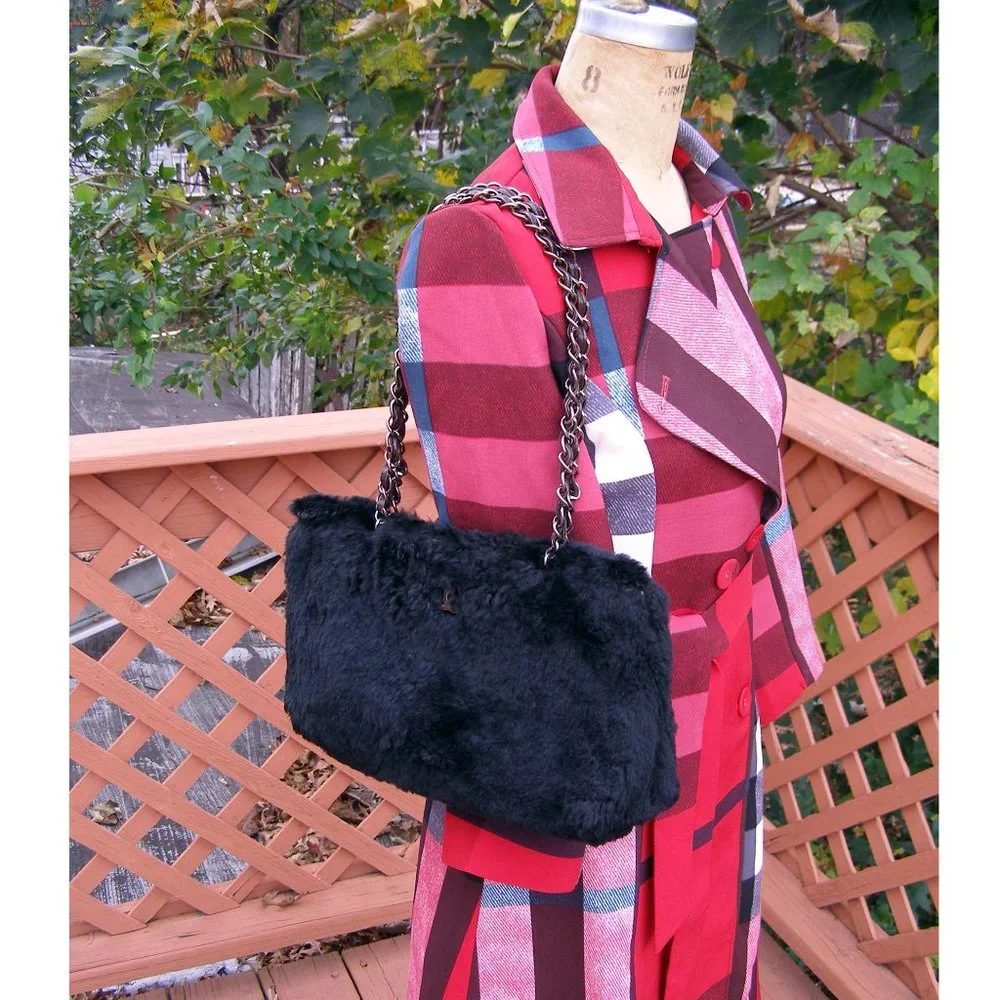 RARE CHANEL Black Fur Shoulder Bag Chain Straps CC